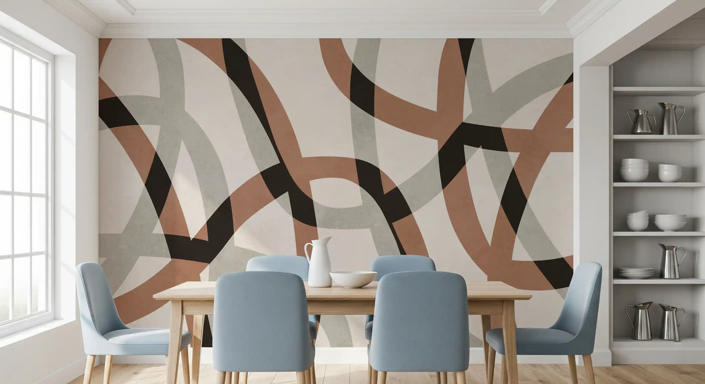 Fresque murale minimaliste arcs en charbon de bois et argile