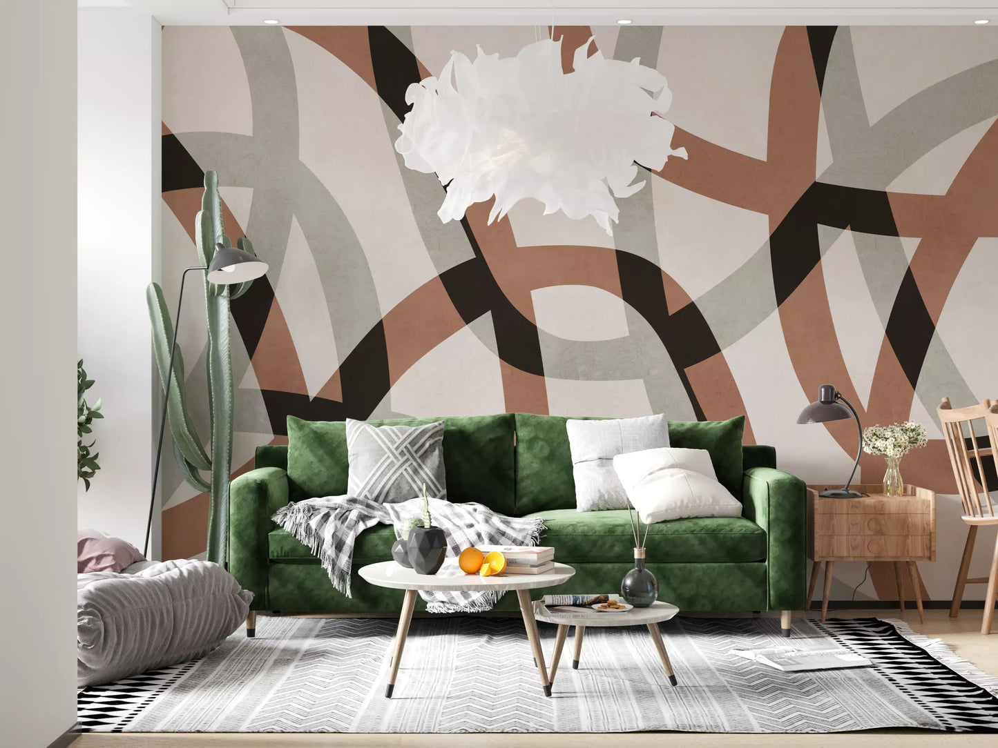 Fresque murale minimaliste arcs en charbon de bois et argile