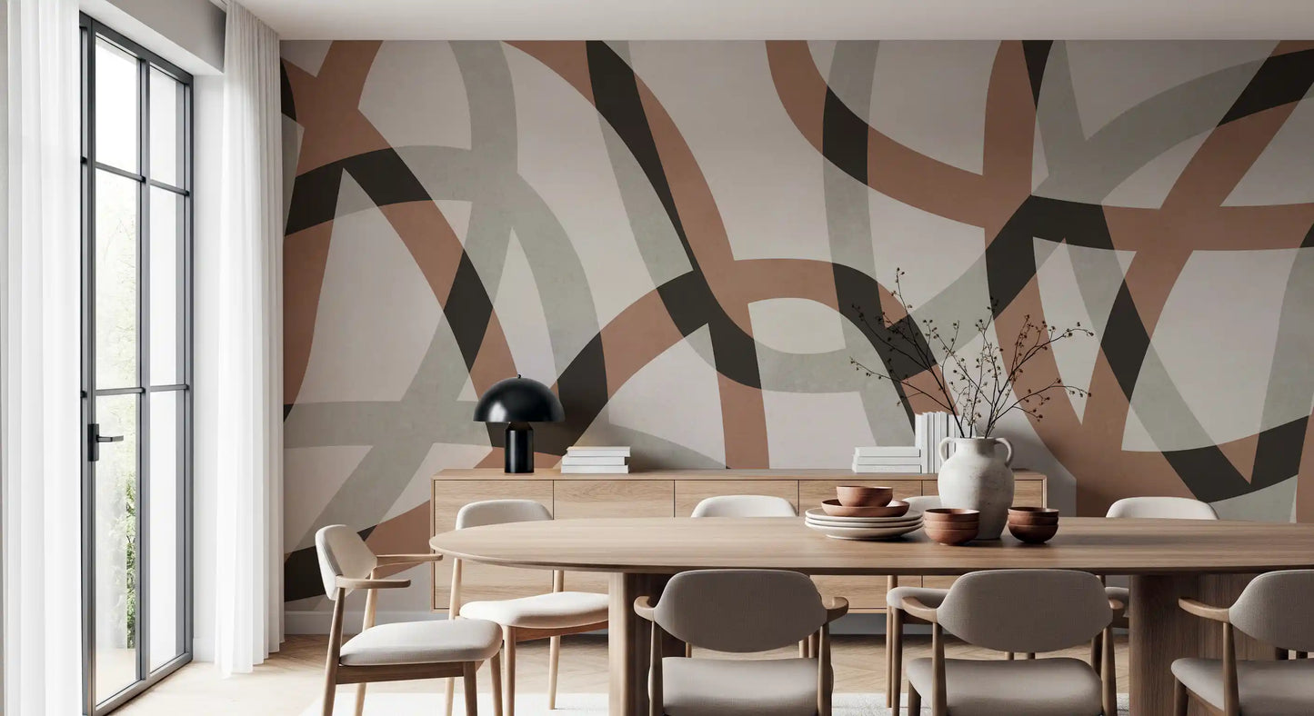 Fresque murale minimaliste arcs en charbon de bois et argile