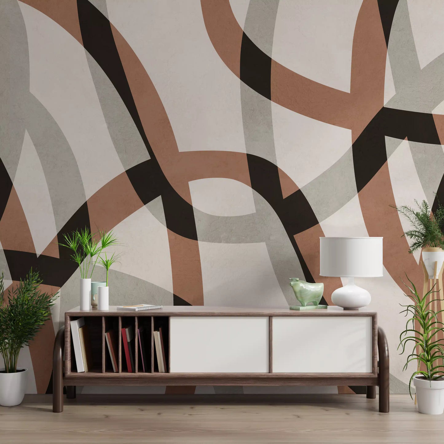 Fresque murale minimaliste arcs en charbon de bois et argile