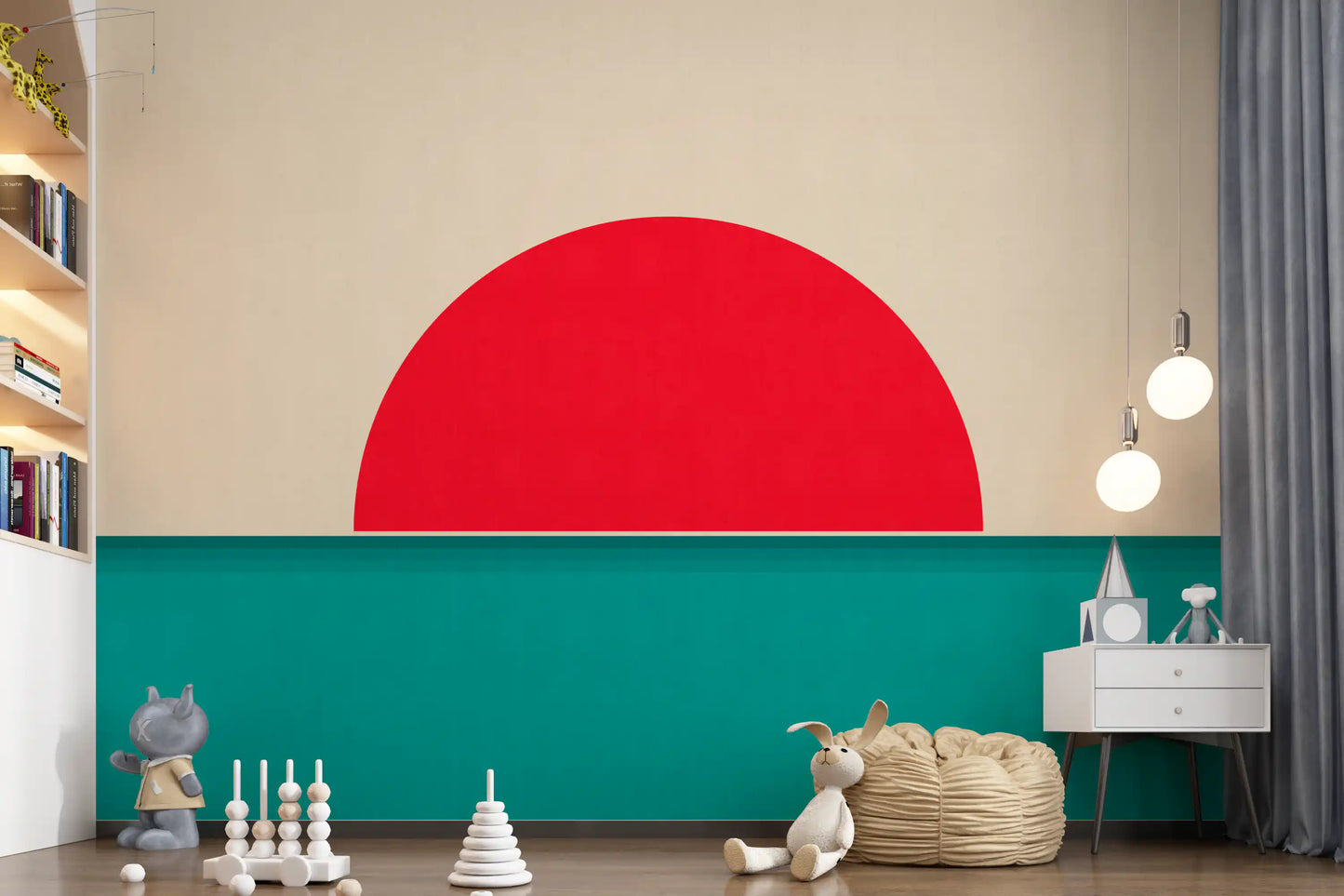 ミニマリストの赤い太陽の海景壁画