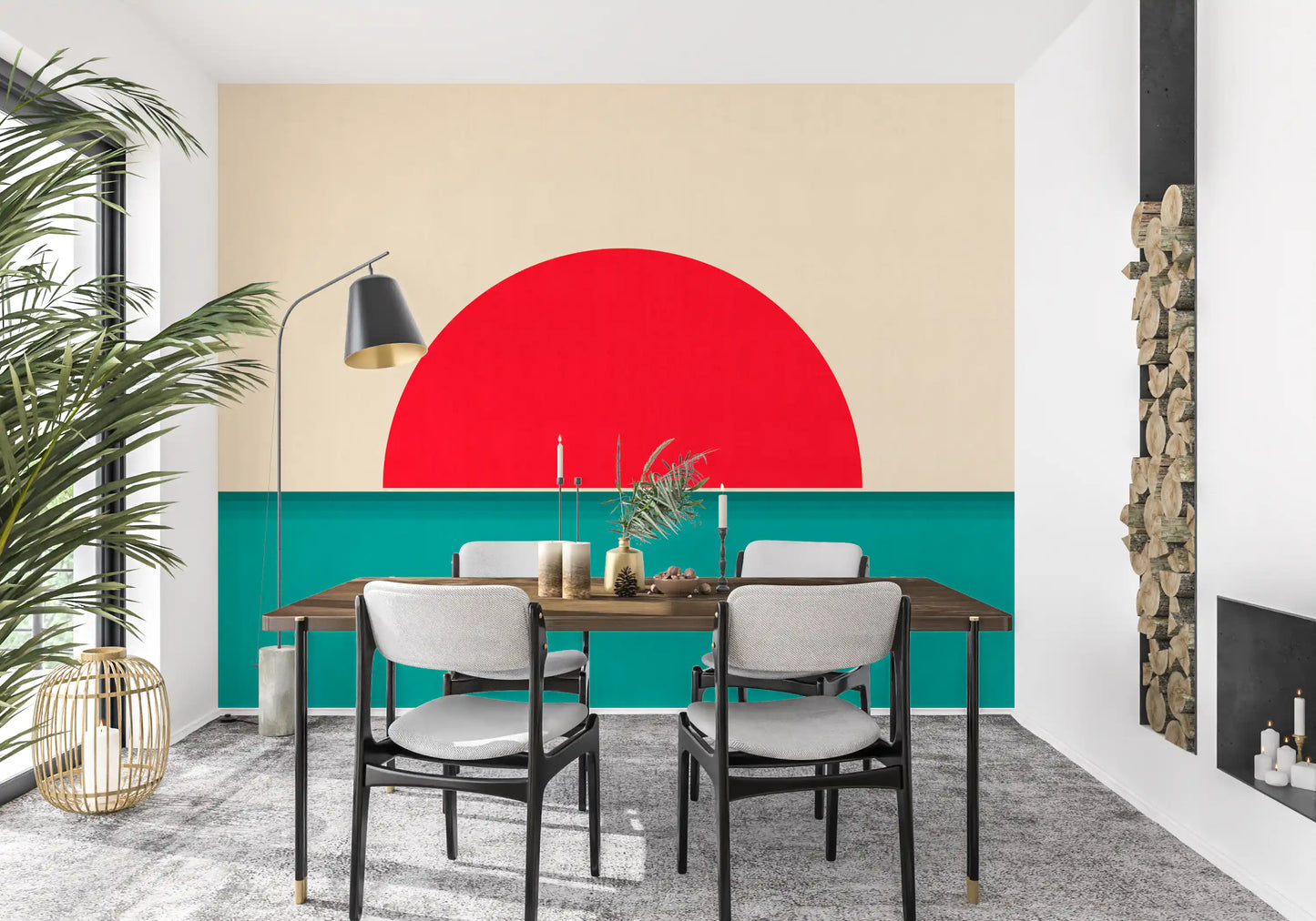 ミニマリストの赤い太陽の海景壁画