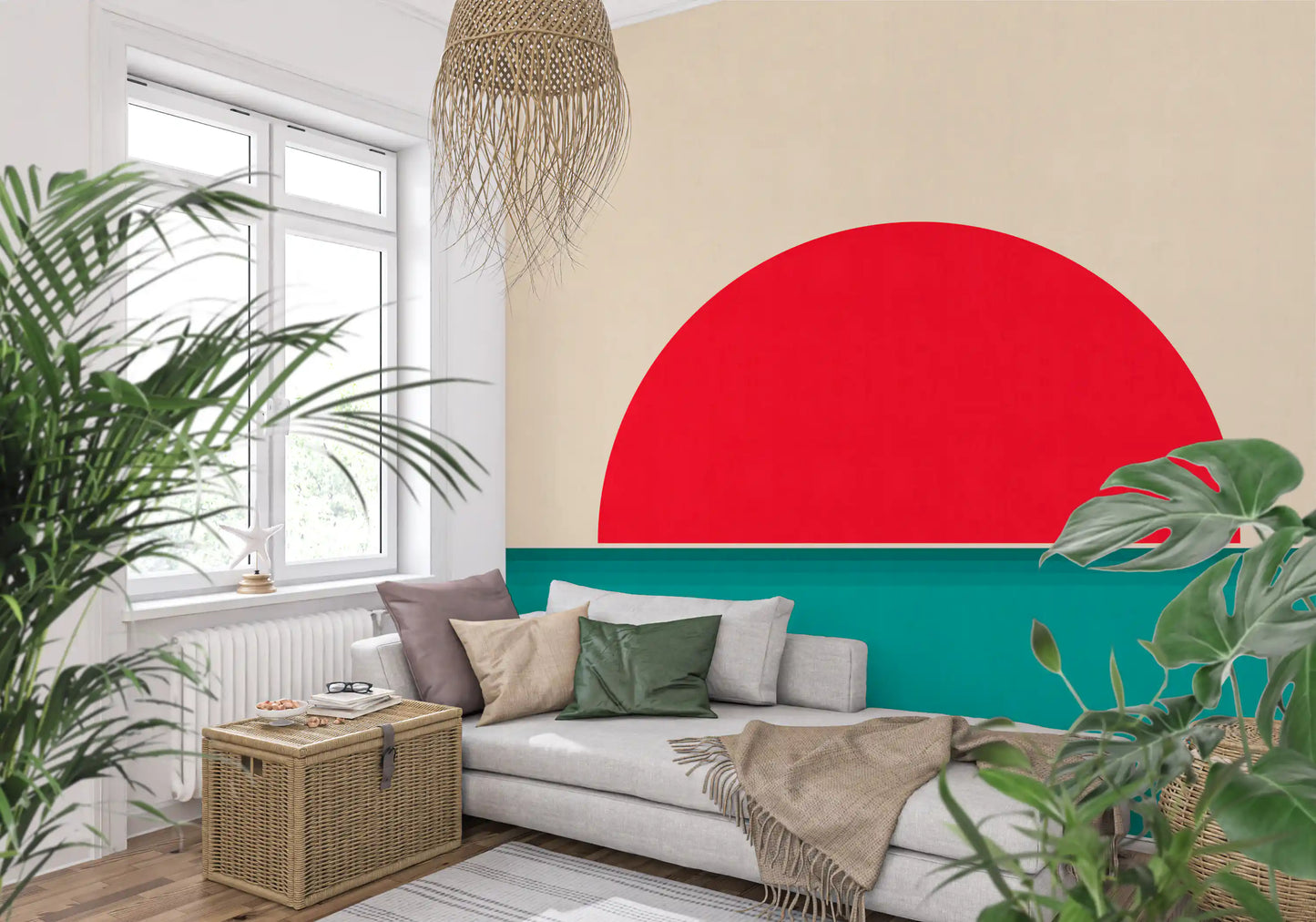 ミニマリストの赤い太陽の海景壁画