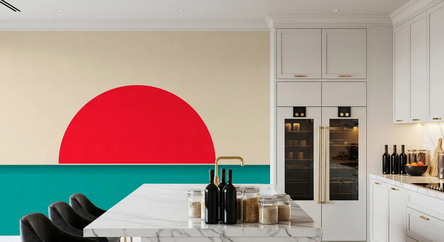 ミニマリストの赤い太陽の海景壁画