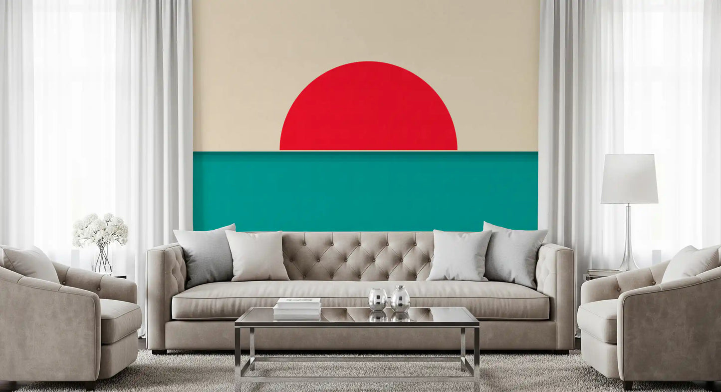 ミニマリストの赤い太陽の海景壁画