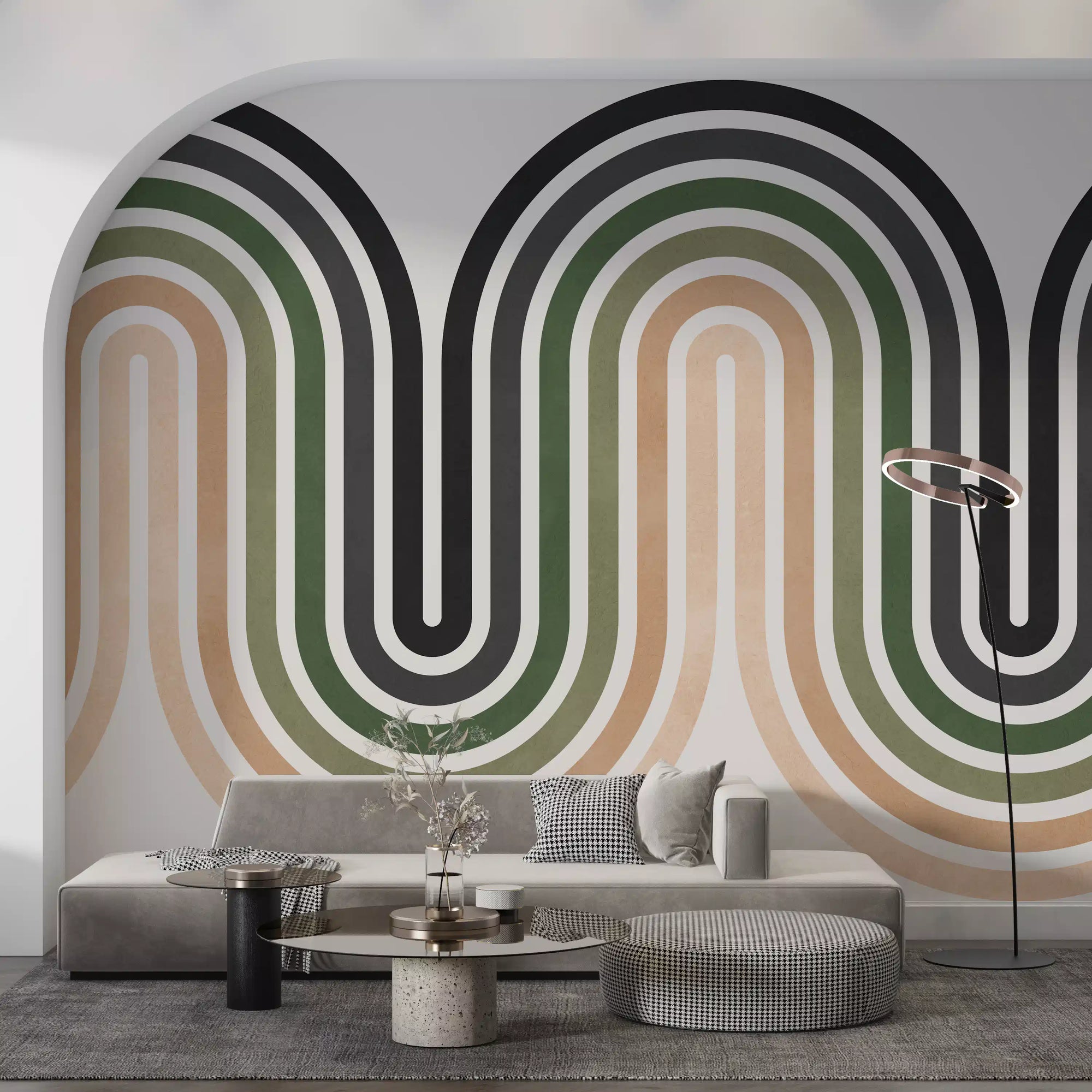 Earthy wave arches climbing an abstract wall mural in a living room GD11312
