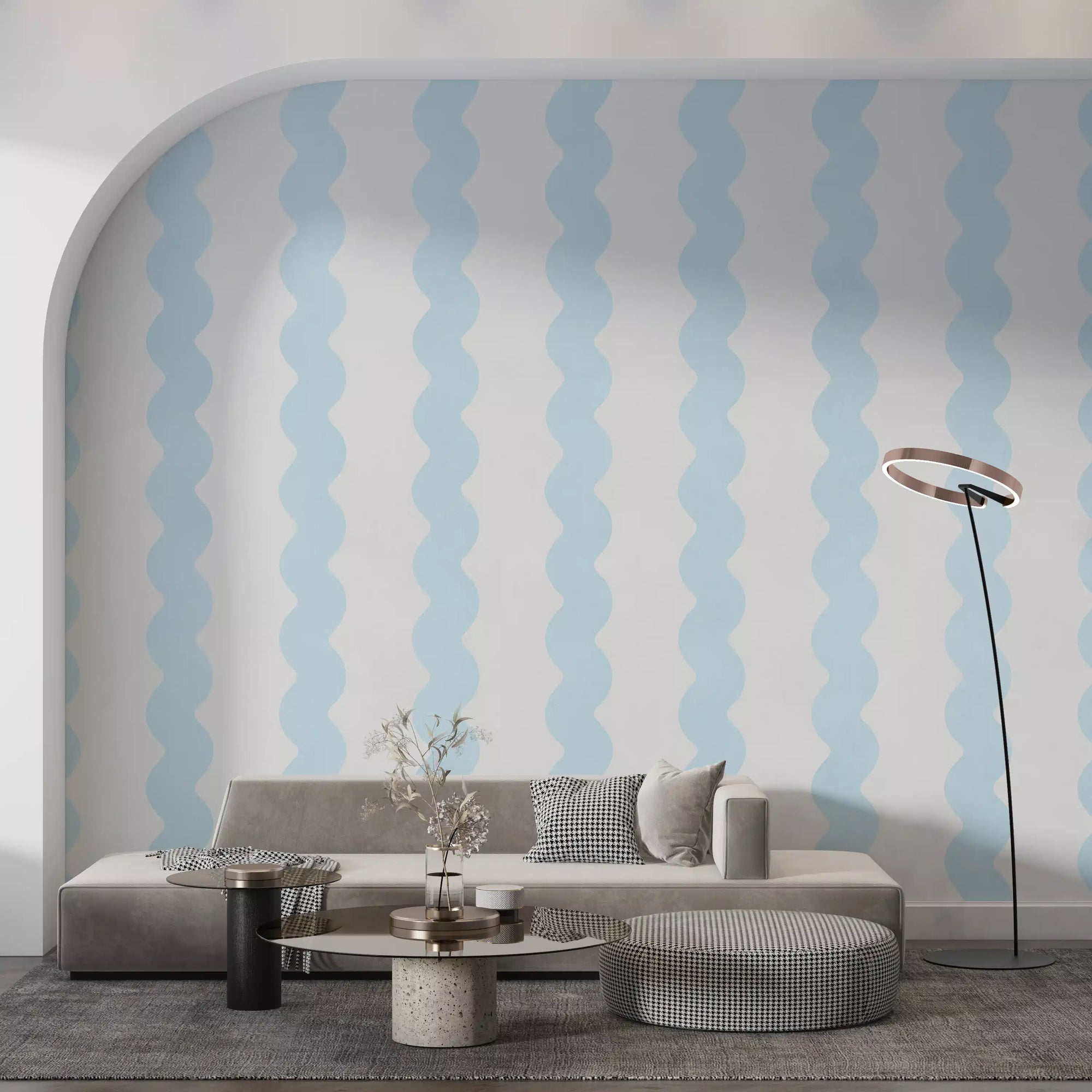 Cool blue vertical lines rising up a Coastal Breeze wall mural in a living room GD11313