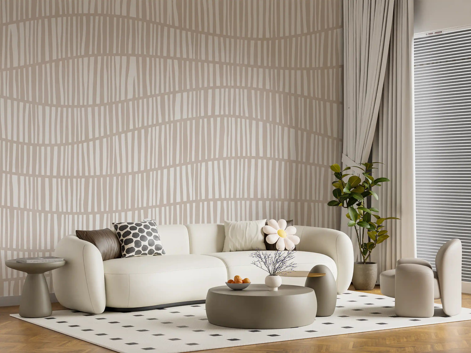 Wavy taupe lines slipping down a minimalist vertical wall mural in a living room GD11318
