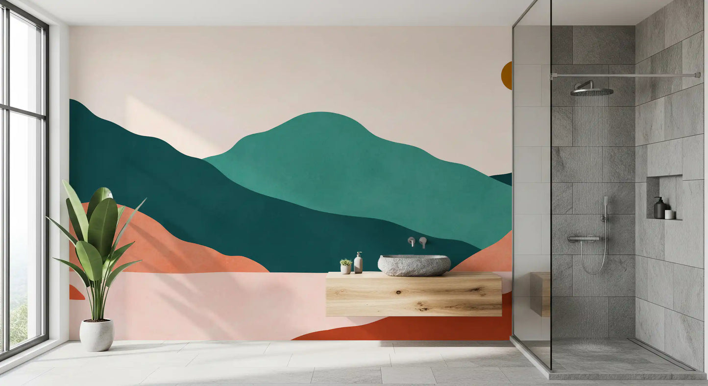 Abstrakt terrakotta- og teal-vægmuralserie