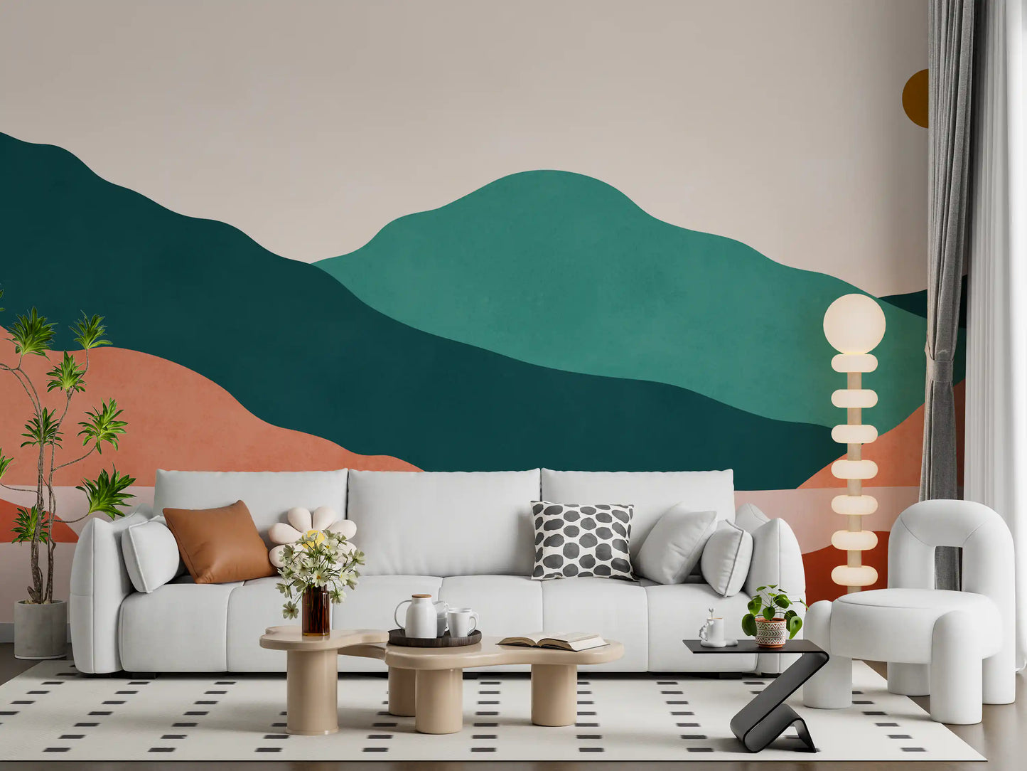 Abstrakt terrakotta- og teal-vægmuralserie