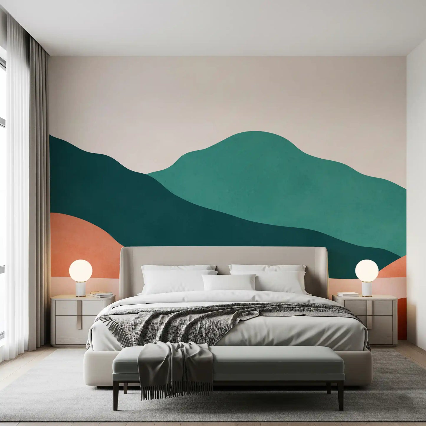 Abstrakt terrakotta- og teal-vægmuralserie