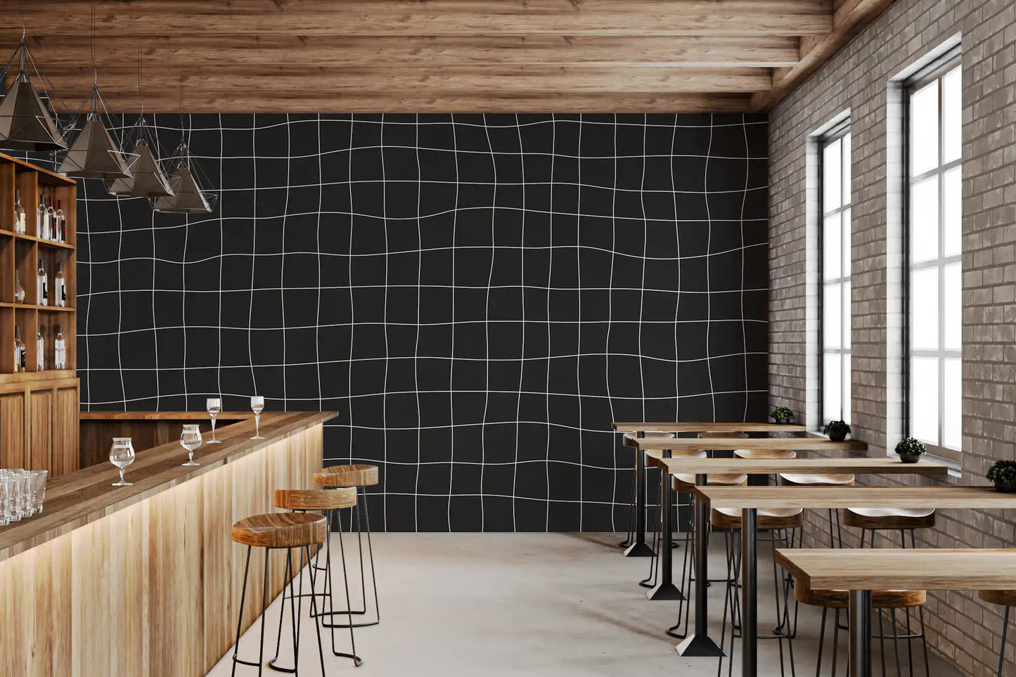 Vægmural med diskret trækulrudemønster