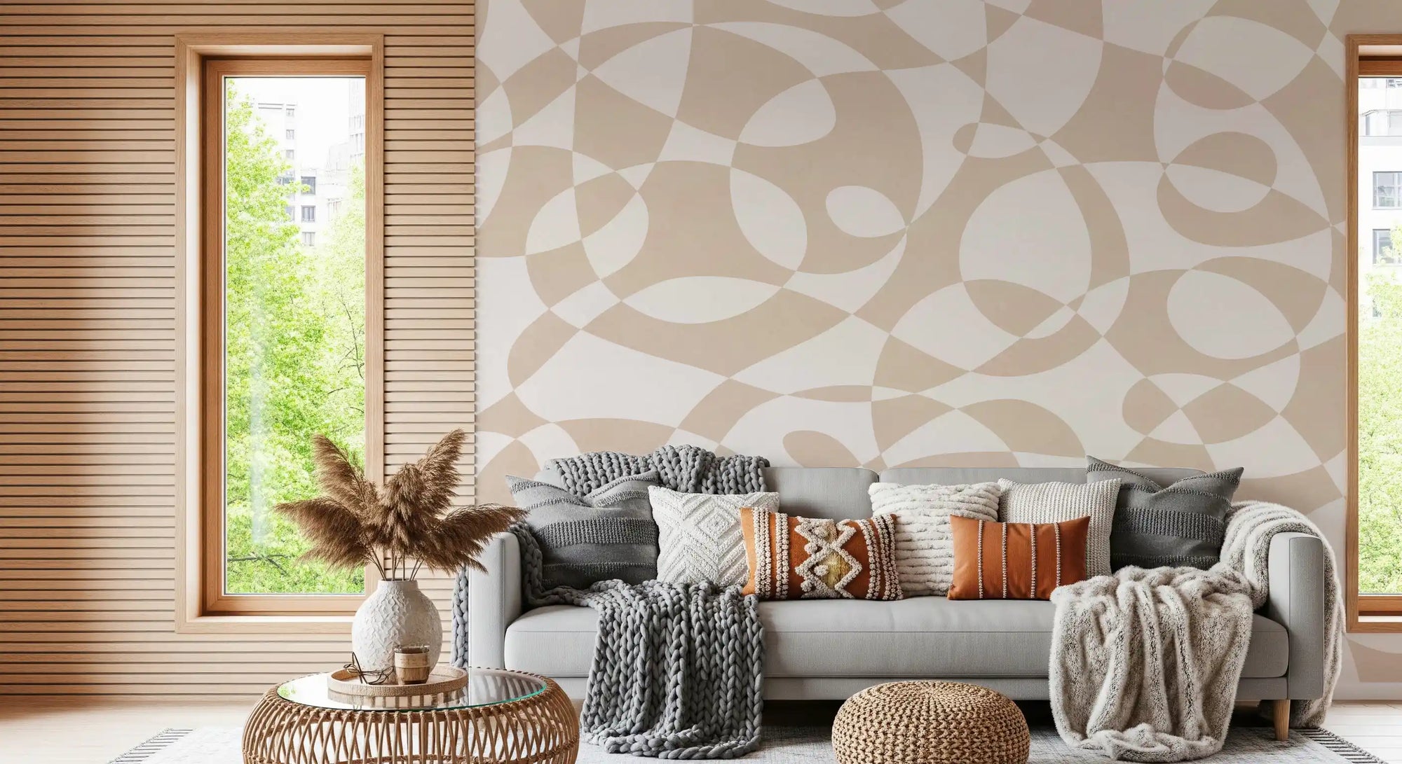 Living room Fluid geometric wall mural with flowing abstract line composition GD11329
