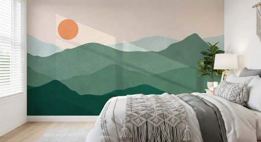 Fresque murale minimaliste des sommets verts au coucher du soleil
