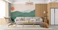Minimalistisk grøn bjergsolnedgang vægmaleri med tinder