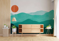 Carta da parati murale con picchi montani astratti illuminati dal sole