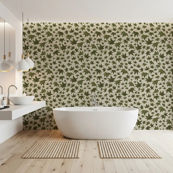 Japanese Maple Leaves Relish Wallpaper with olive botanical pattern GD11351