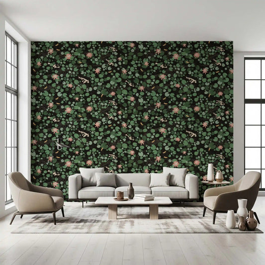 Artistic pond wallpaper with lotus flowers and calm water design GD11354