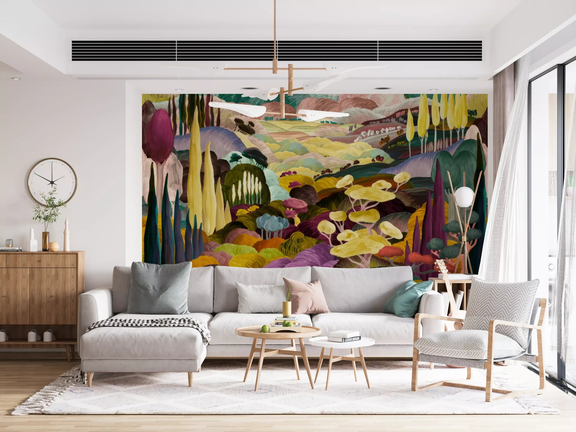 Scenic painted wallpaper with layered botanical landscape illustration GD11356
