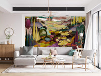 Scenic painted wallpaper with layered botanical landscape illustration GD11356