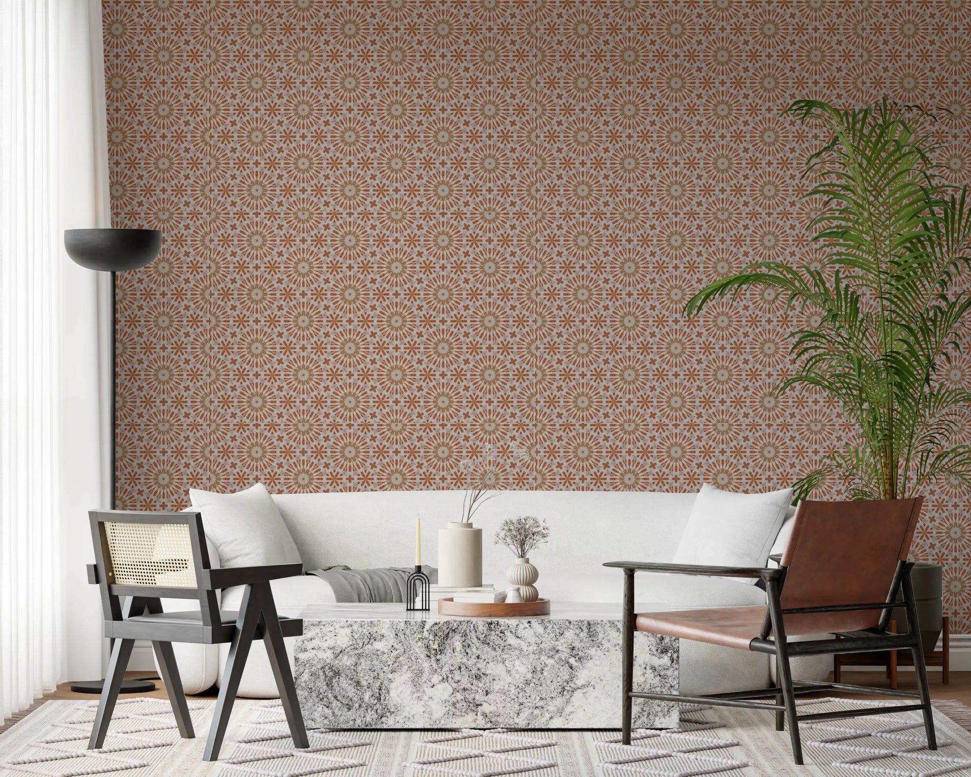 Terracotta starburst tiles warm a living room wallpaper GD11360
