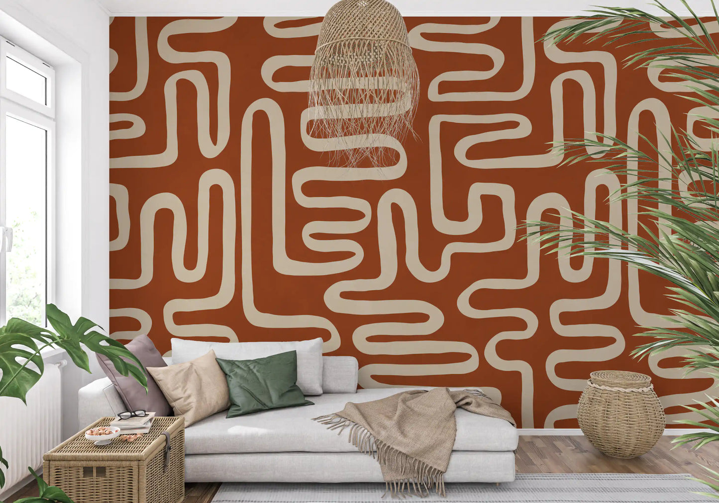 Fresque murale en ligne d'art labyrinthique en terre cuite rustique