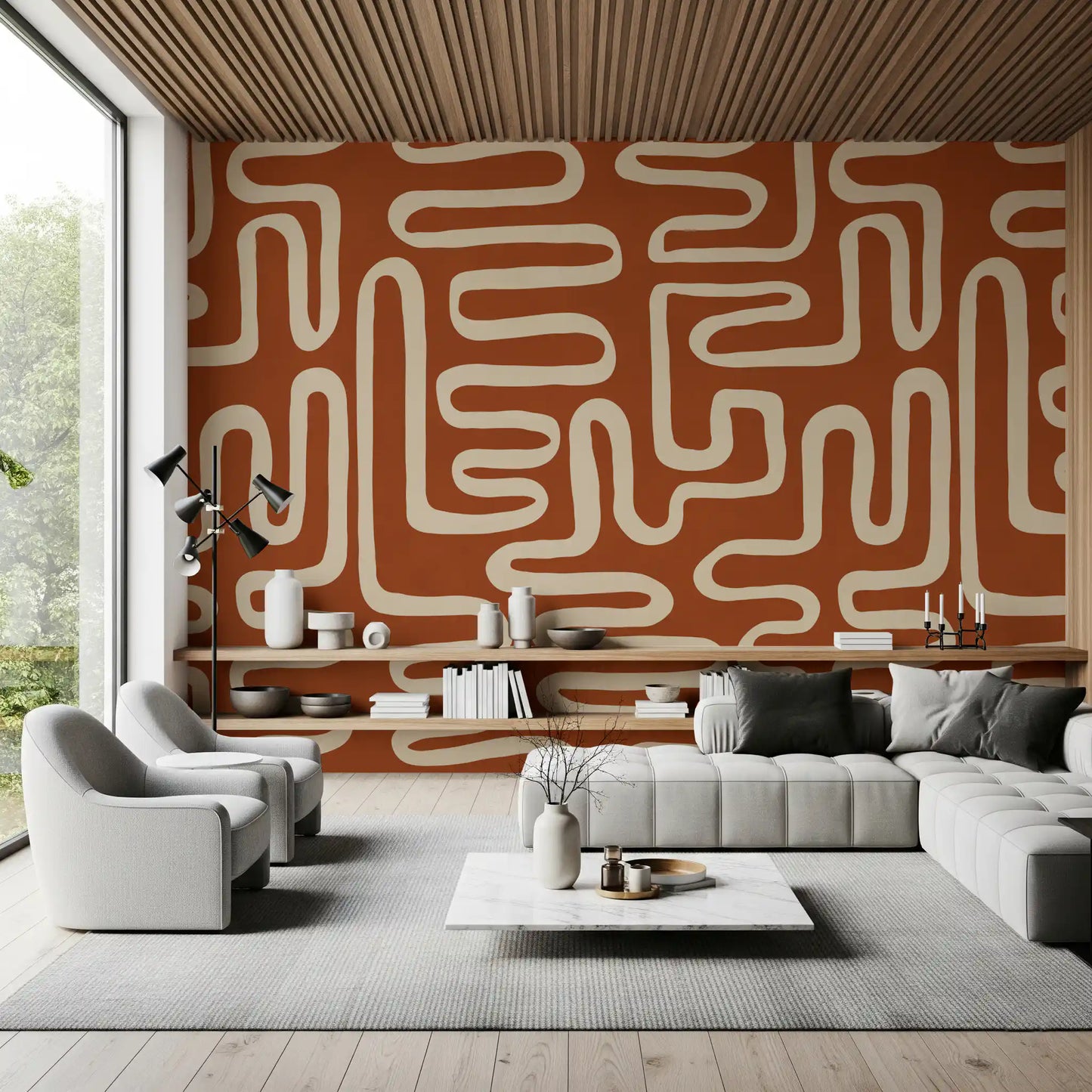 Fresque murale en ligne d'art labyrinthique en terre cuite rustique