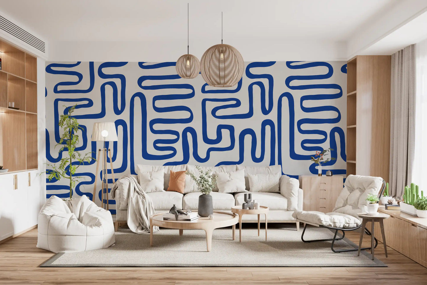 Abstraktes Wandbild mit kobaltblauer, geschwungener Linie