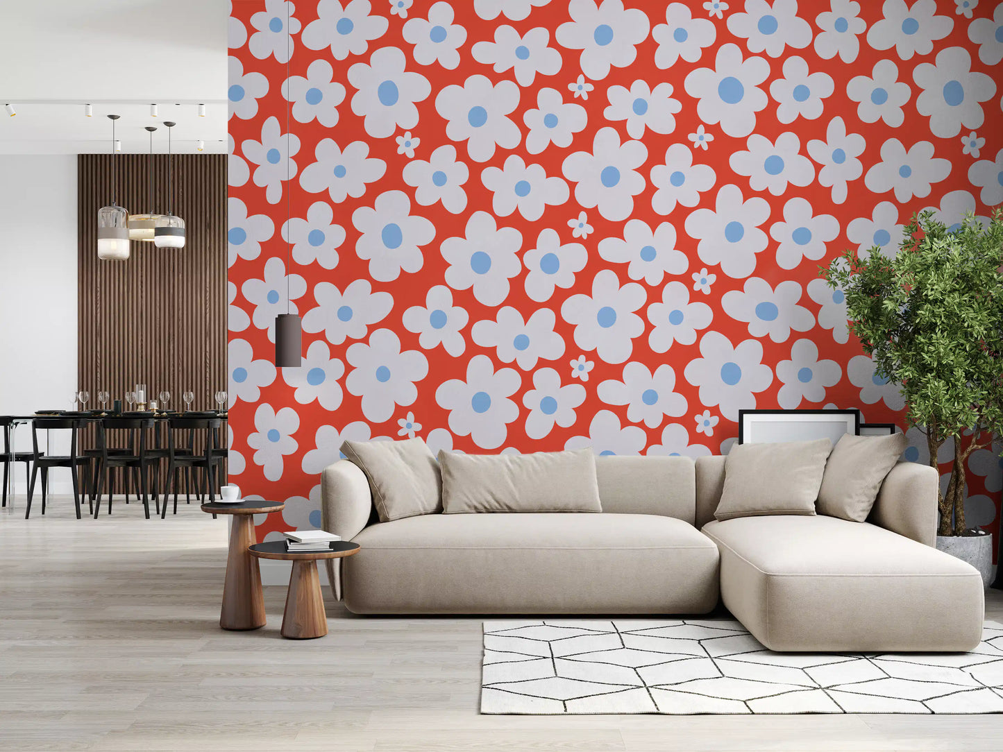 Vægmural med solkyssede blomsterblade i skovhaven