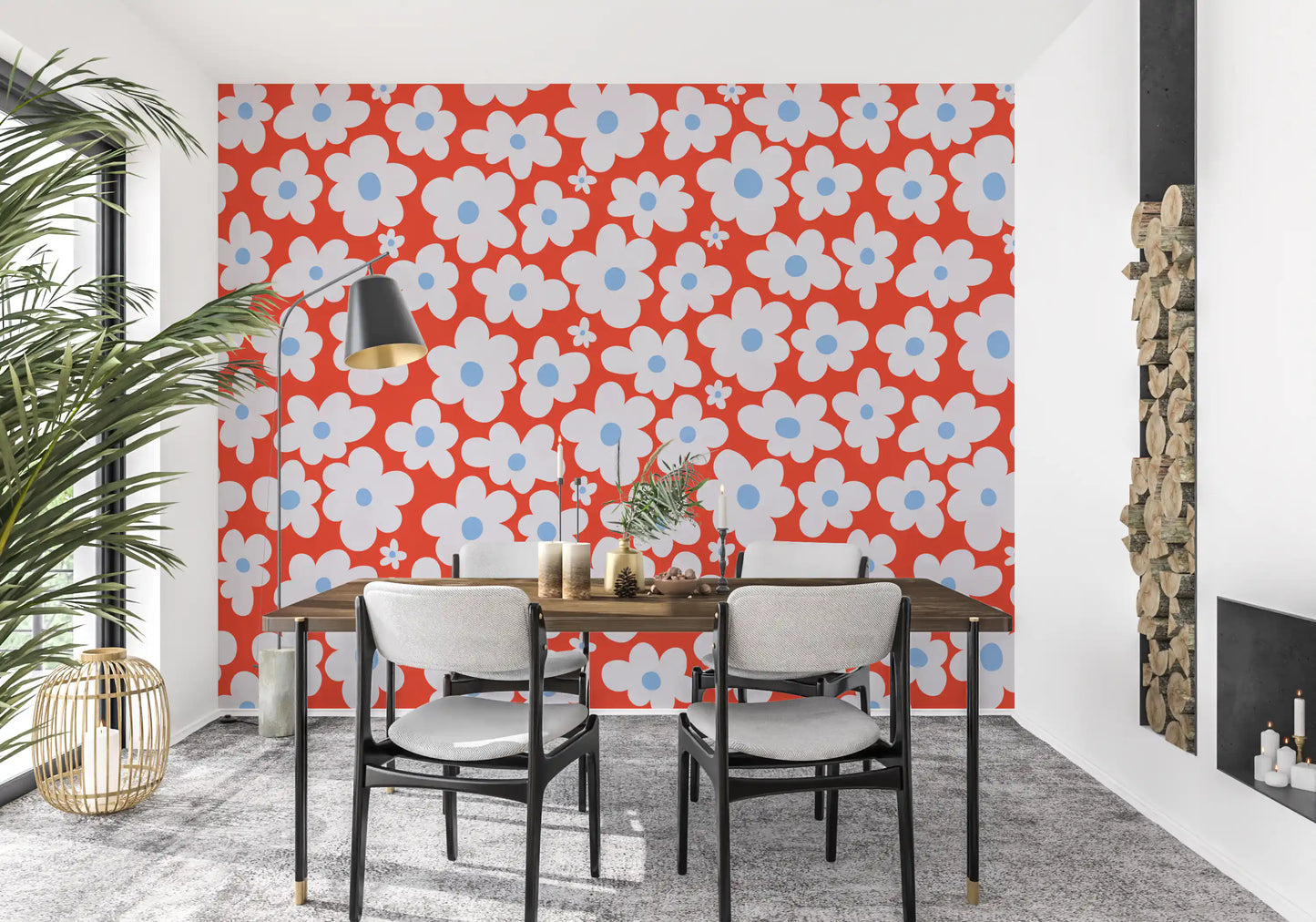 Vægmural med solkyssede blomsterblade i skovhaven
