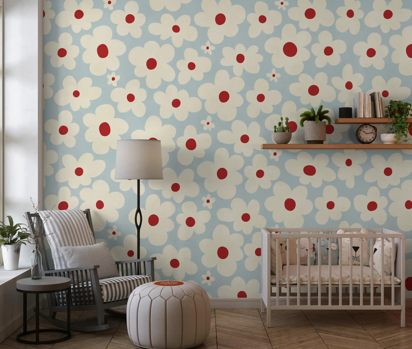 Retro Creme und Rote Blumenmuster Wandbild