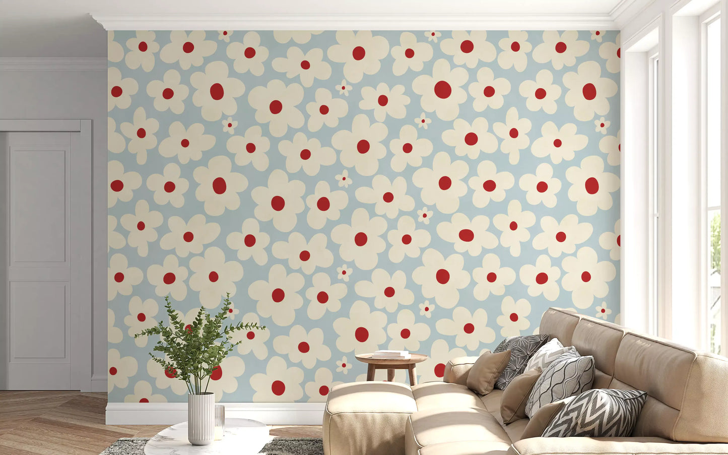 Retro Creme und Rote Blumenmuster Wandbild