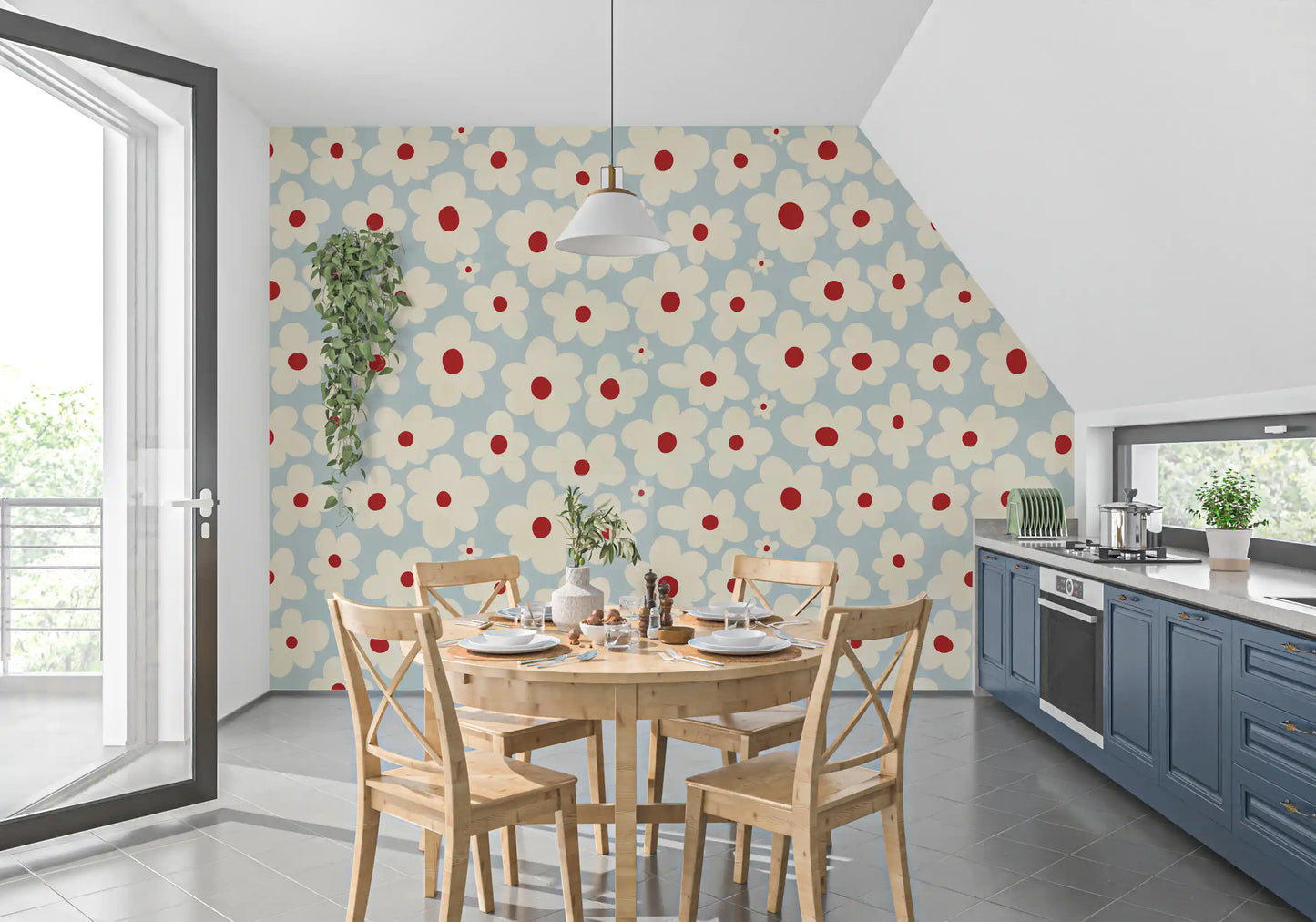 Retro Creme und Rote Blumenmuster Wandbild