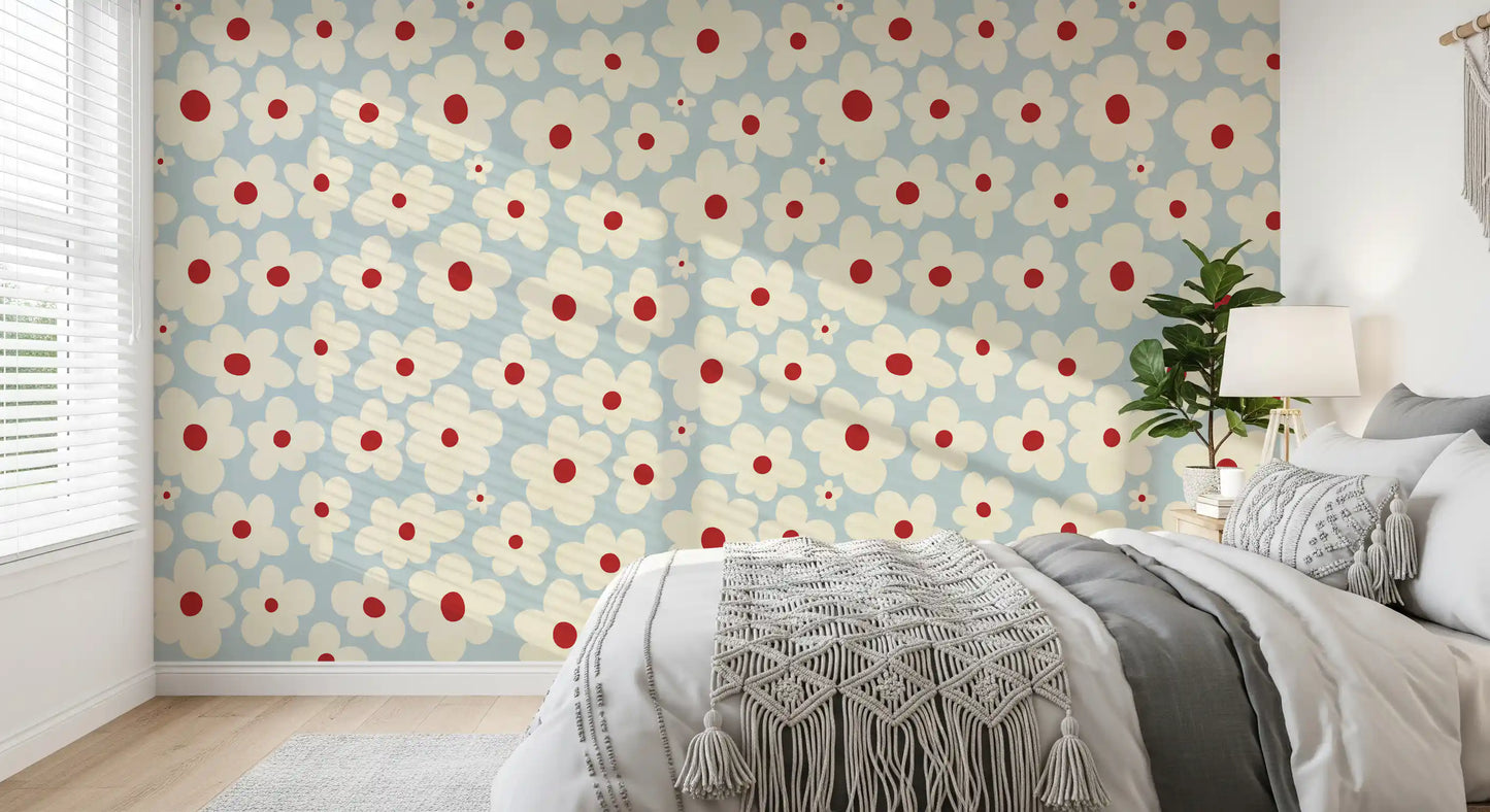 Retro Creme und Rote Blumenmuster Wandbild