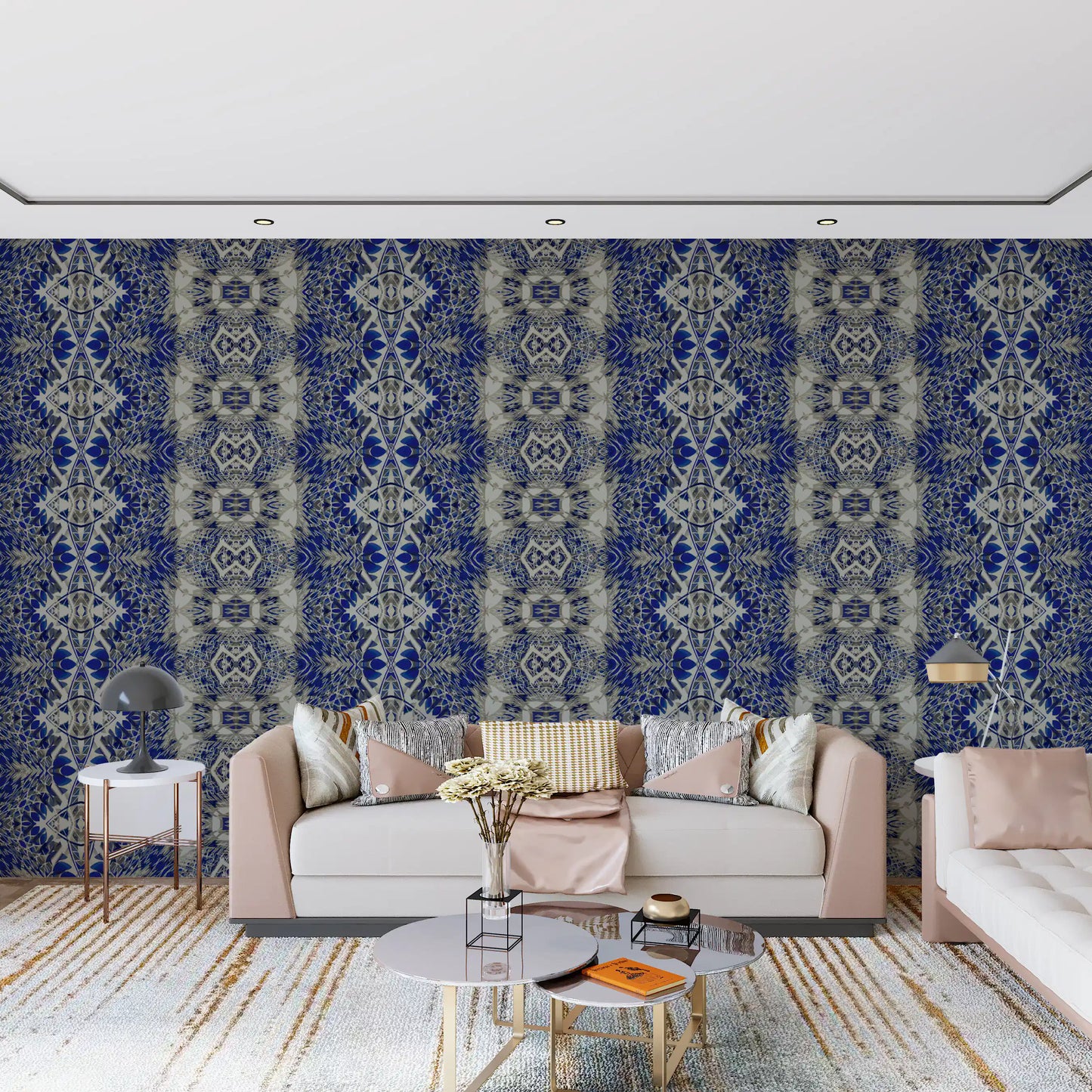 Blå og grå abstrakt ornamentalt geometrisk tapet - AMBER DESIGN tapet