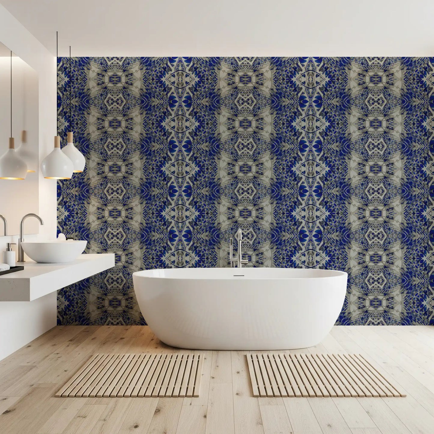 Blå og grå abstrakt ornamentalt geometrisk tapet - AMBER DESIGN tapet
