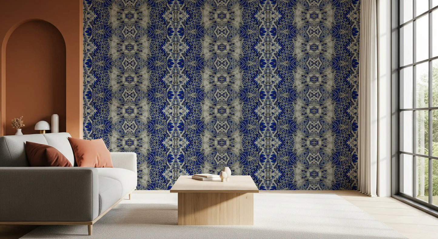 Blå og grå abstrakt ornamentalt geometrisk tapet - AMBER DESIGN tapet