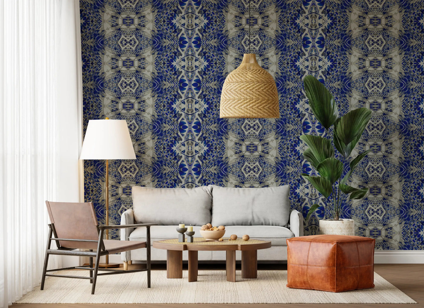 Blå og grå abstrakt ornamentalt geometrisk tapet - AMBER DESIGN tapet