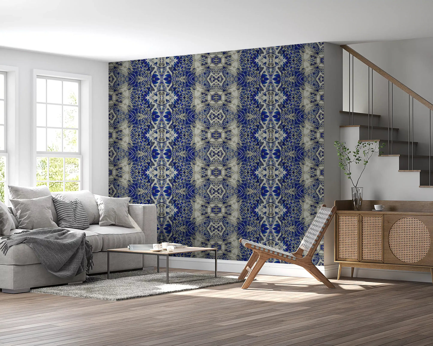 Blå og grå abstrakt ornamentalt geometrisk tapet - AMBER DESIGN tapet