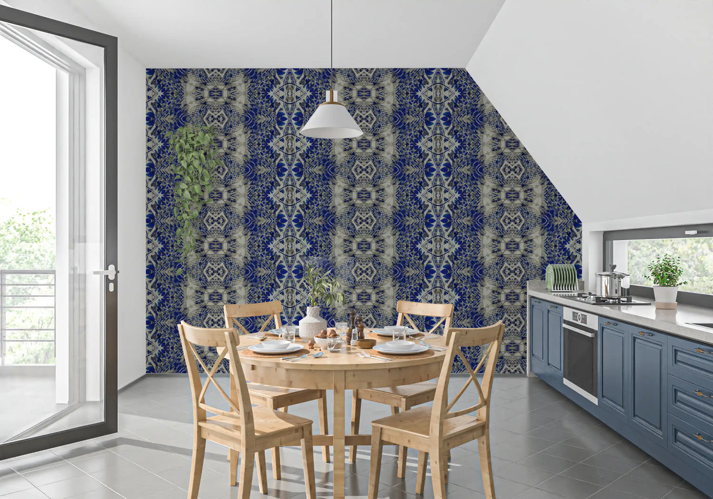 Blå og grå abstrakt ornamentalt geometrisk tapet - AMBER DESIGN tapet