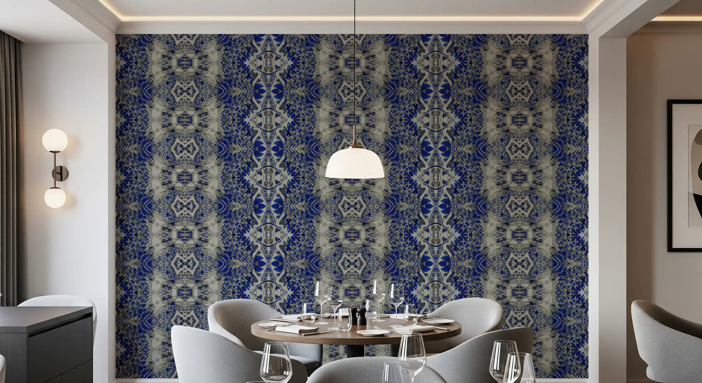 Blå og grå abstrakt ornamentalt geometrisk tapet - AMBER DESIGN tapet