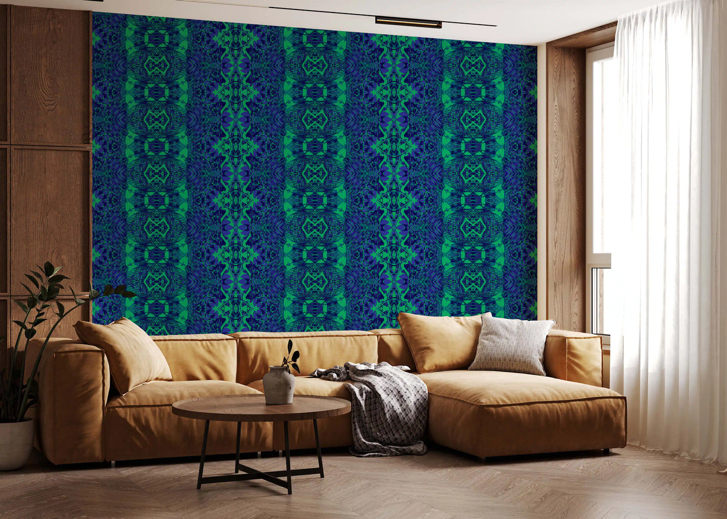 Abstrakcyjna geometryczna tapeta w niebiesko-zielone wzory ornamentalne - Tapeta AMBER DESIGN