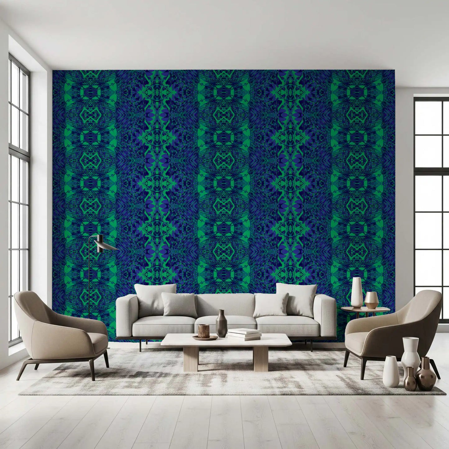 Abstrakcyjna geometryczna tapeta w niebiesko-zielone wzory ornamentalne - Tapeta AMBER DESIGN
