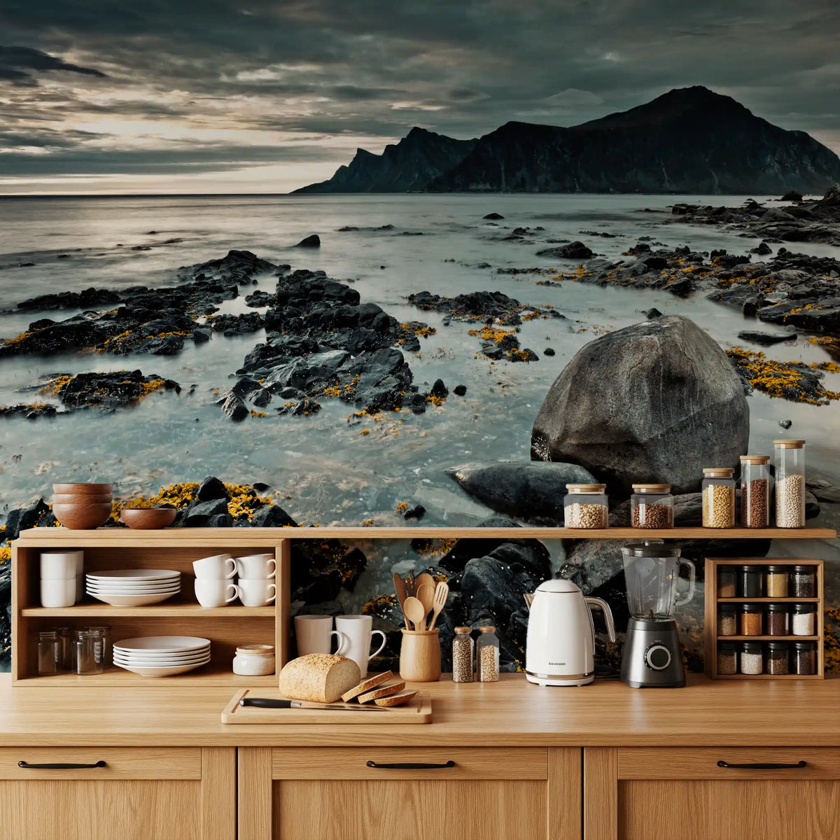 Grey mountain coastline sharpens a kitchen wall mural GD11377