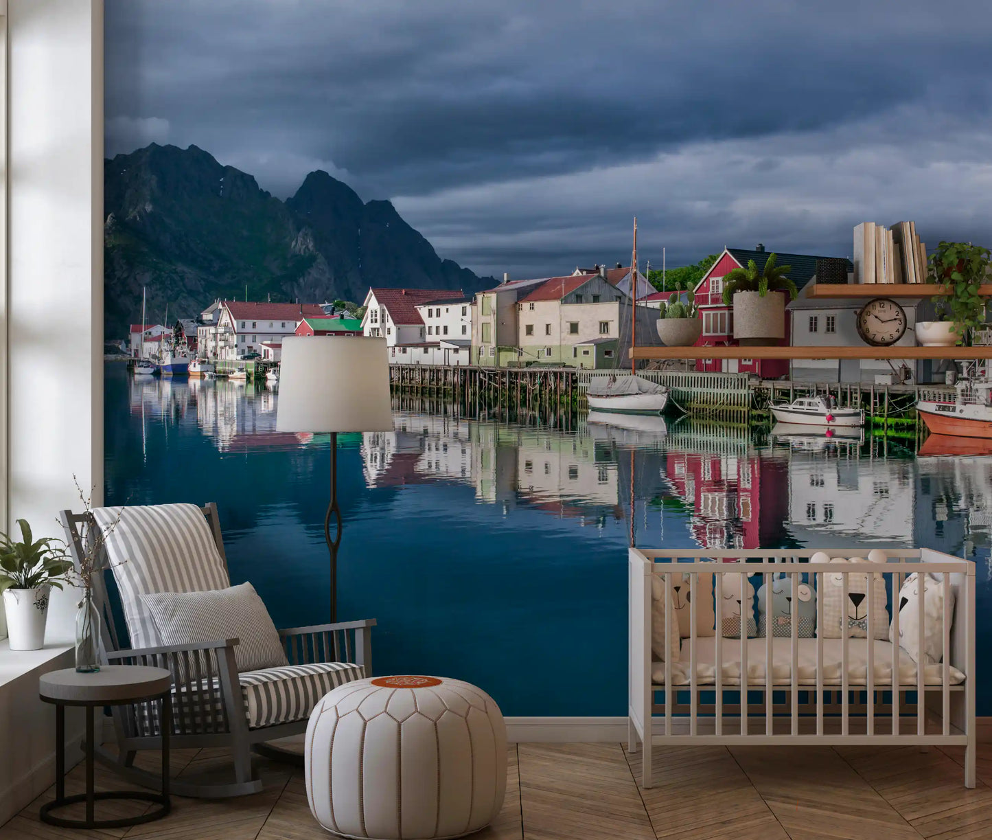 Wandbild Nordic Mountain Village Waterfront