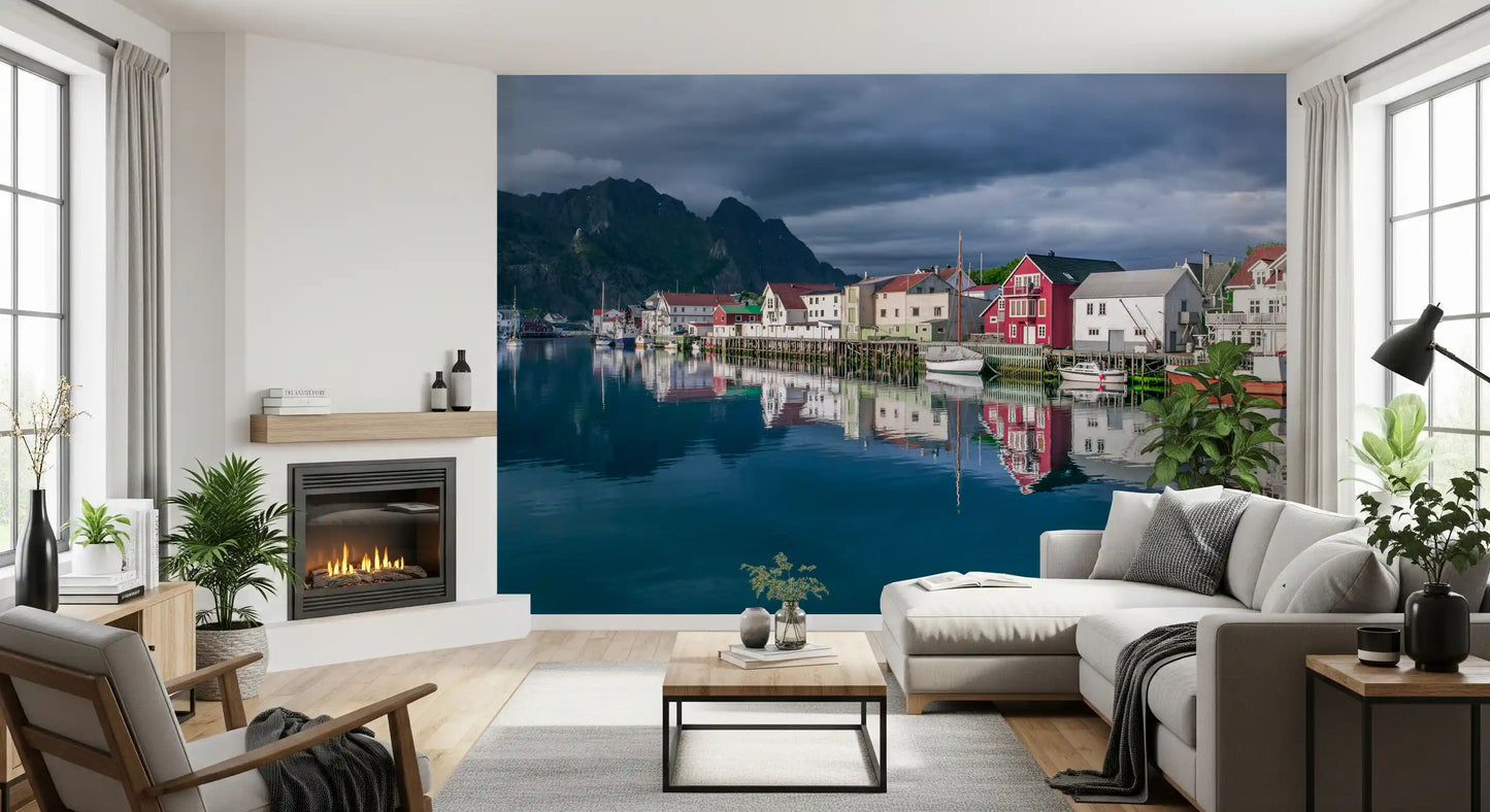 Wandbild Nordic Mountain Village Waterfront