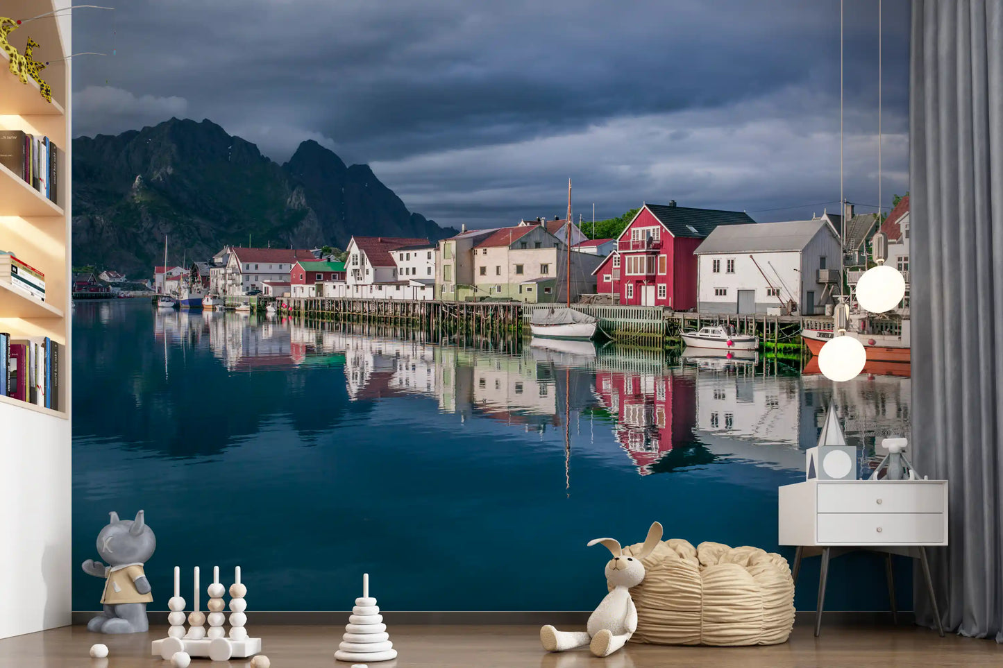 Wandbild Nordic Mountain Village Waterfront