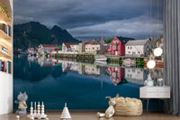 Wandbild Nordic Mountain Village Waterfront