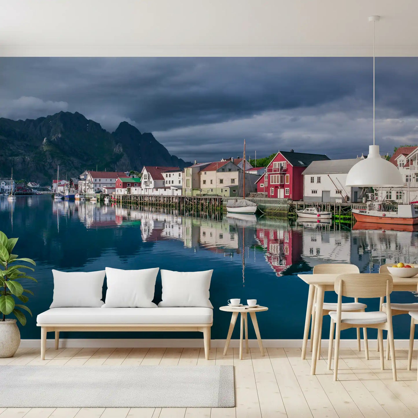 Wandbild Nordic Mountain Village Waterfront