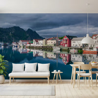 Wandbild Nordic Mountain Village Waterfront